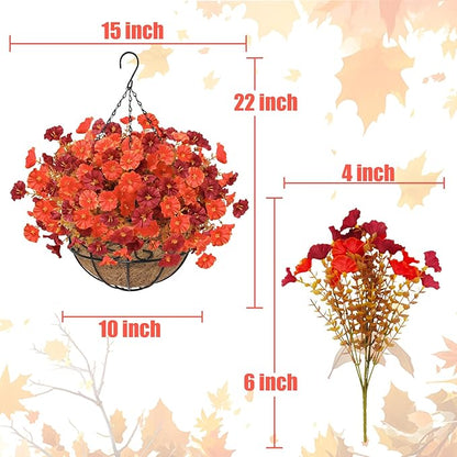 2 Set Artificial Hanging Flowers Plants Basket for Outdoors Fall Decorations, 24 Pcs UV Resistant Faux Morning Glory Fake Petunias with 2 Hanging Planter for Home Porch Balcony Garden Decor