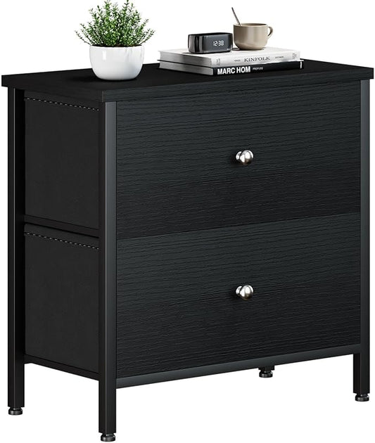 BOLUO Black Nightstand 2 Drawer Dresser for Bedroom,Small Night Stand End Table with Fabric Drawers Modern