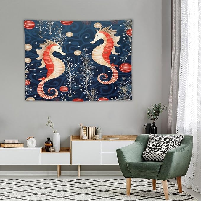 Seahorse Christmas Kiss Beach Tapestry Wall Hanging Vintage Ocean Seahorse Vintage Aesthetic Tapestry Wall Hanging Landscape Tapestry Wall Art for Home Decor 30"x40" Christmas Family Party