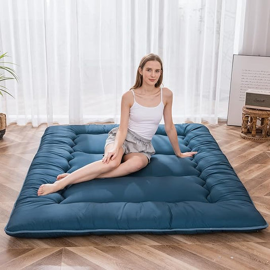 MAXYOYO Japanese Floor Mattress Futon Mattress, Thicken Sleeping Pad Foldable Roll Up Floor Futon for Adults Tatami Mat Dormitory Bed Lounger, Bluestone, Full Size