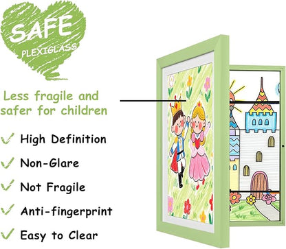 KINLINK 9x12 Kids Art Frames Set of 2, Solid Wood Kids Artwork Frames Changeable with Acrylic Front Opening Holds 150 Pictures, Art Frame for Kids Artwork with Mat or without Mat, Light Green