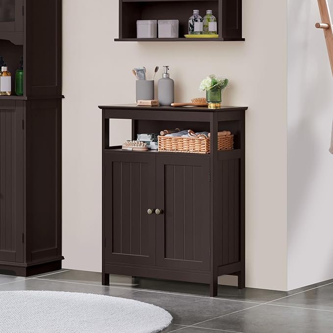 Yaheetech Bathroom Floor Storage Cabinet, Wooden Free Standing Storage Organizer with 2 Doors & Adjustable Shelf for Living Room, Hallway, Espresso