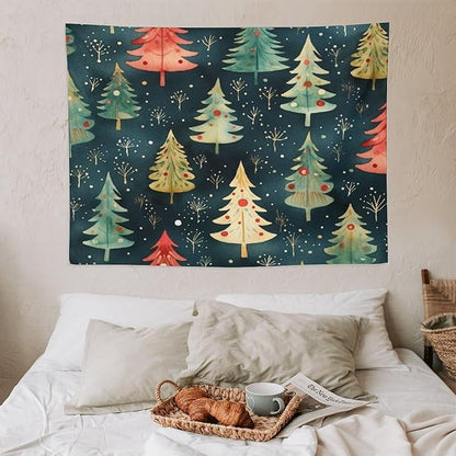 Vintage Christmas Tree Watercolor Tapestry As Wall Art Winter Christmas Tapestry for Bedroom Aesthetic Landscape Tapestry Wall Hanging for Dorm Living Room 30"x40" Christmas Family Party