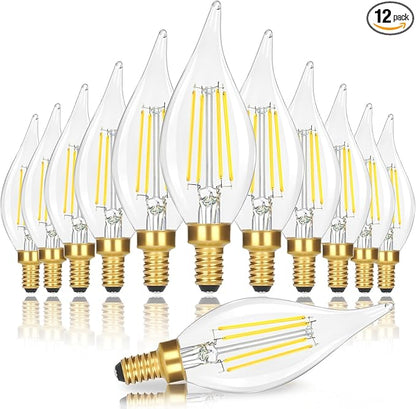 E12 Candelabra LED Light Bulbs, Dimmable 40 Watt Equivalent 5000K Bright Daylight White Candle Bulbs, 4W 460 LM Decorative CA10 Filament Chandelier Lamp Base for Bedroom Living Room Office, 12-Pack