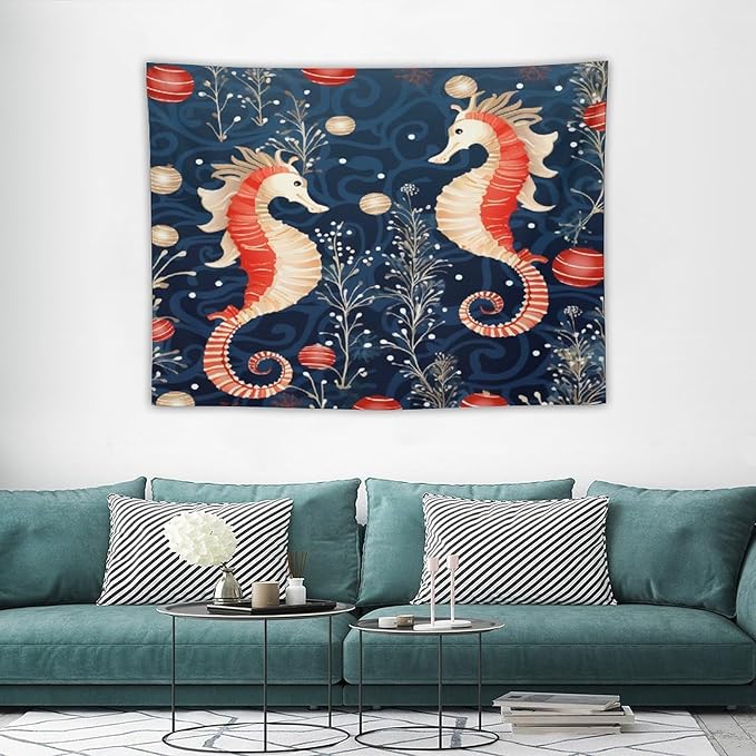 Seahorse Christmas Kiss Beach Tapestry Wall Hanging Vintage Ocean Seahorse Vintage Aesthetic Tapestry Wall Hanging Landscape Tapestry Wall Art for Home Decor 30"x40" Christmas Family Party