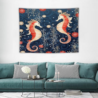 Seahorse Christmas Kiss Beach Tapestry Wall Hanging Vintage Ocean Seahorse Vintage Aesthetic Tapestry Wall Hanging Landscape Tapestry Wall Art for Home Decor 30"x40" Christmas Family Party