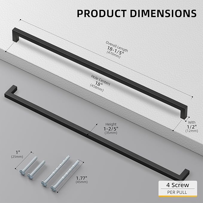 goldenwarm 60 Pack 18 Inch Black Cabinet Handles Matte Black Drawer Pulls Stainless Steel Cabinets Hardware Square Bar Modern for Kitchen Bathroom Cupboard