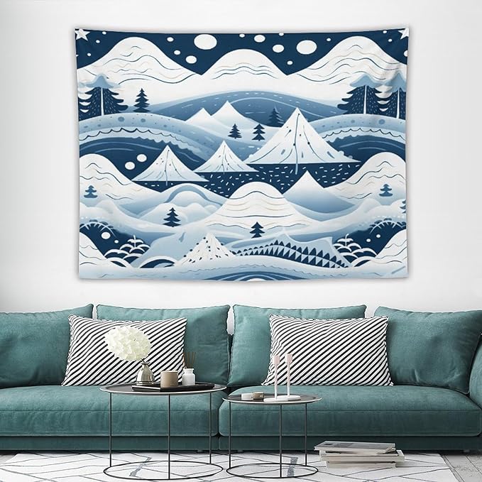 Snow Mountain Scandinavian Winter Tapestry As Wall Art Happy Winter Holiday Tapestry for Bedroom Aesthetic Landscape Tapestry Wall Hanging for Living Room Dorm 60"x80" Christmas Family Party