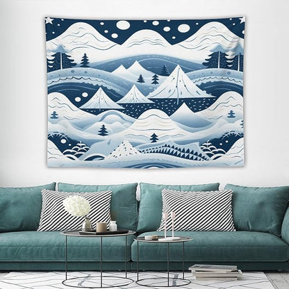 Snow Mountain Scandinavian Winter Tapestry As Wall Art Happy Winter Holiday Tapestry for Bedroom Aesthetic Landscape Tapestry Wall Hanging for Living Room Dorm 60"x80" Christmas Family Party