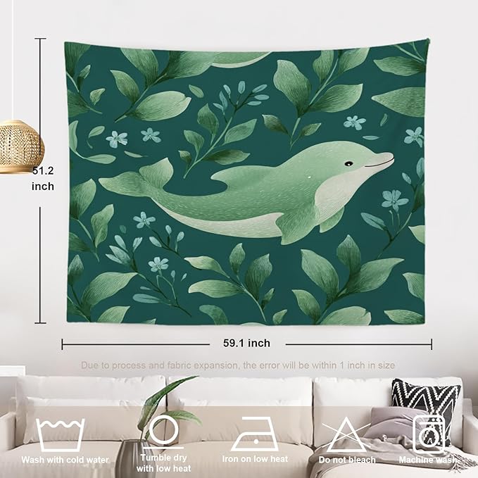 Batmerry Cute Dolphin Tapestry, Green Dolphin With Leaves Wall Art Hanging Decoration Polyester Fiber White Ruffled Around for Dorm Room Bedroom Living Room, 51.2x59.1 inches