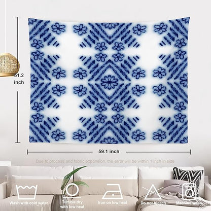 Batmerry Blue Art Flower Tapestry,Blue White Ceramic Glaze Tie Dye Wall Art Hanging Decoration Polyester Fiber White Ruffled Around for Dorm Room Bedroom Living Room, 51.2x59.1 inches
