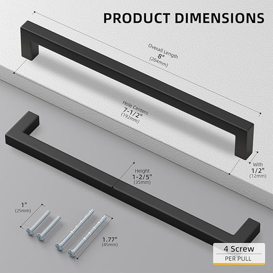 goldenwarm 100 Pack 7-1/2 Inch Black Cabinet Handles Matte Black Drawer Pulls Stainless Steel Cabinets Hardware Square Bar Modern for Kitchen Bathroom Cupboard