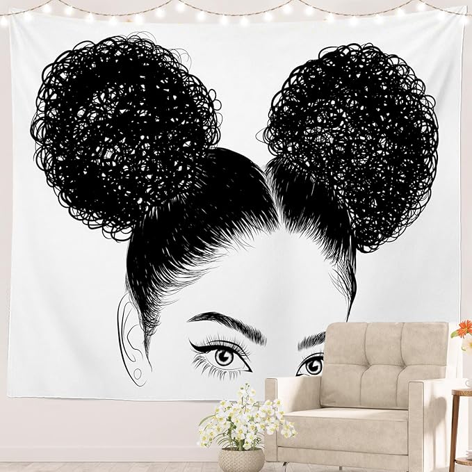 Batmerry Black American Afro Tapestry, White Graphic Woman Wall Art Hanging Decoration Polyester Fiber White Ruffled Around For Dorm Room Bedroom Living Room, 90.6 X 78.7 Inches