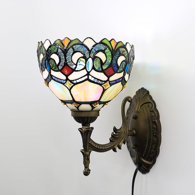 Tiffany Sconce Lamp Stained Glass Wall Lamp,8X10.5X11 Inch Plug in Wall Bedside Light for Hallway Bedroom (Seven Color Baroque)