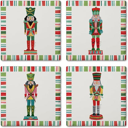 Thirstystone Holiday Nutcrackers 4 Pack Assorted Tumbled Tile Stone Coasters with Protective Cork Backing 4" Square Manufactured in The USA