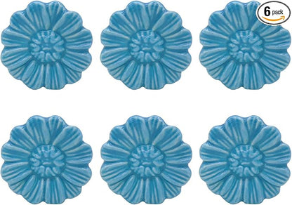 6PCS Vintage Floral Daisy Ceramic Dresser Drawer Knobs Elegant Cabinet Cupboard Door Hardware Pull Handles w/Screws Aqua Blue
