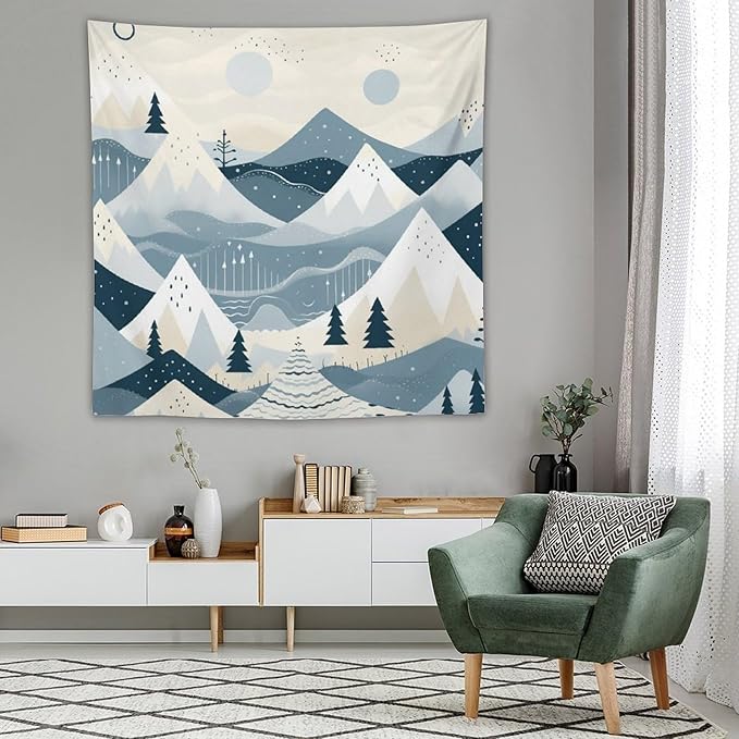 Wall Tapestry Snow Mountain Scandinavian Winter Tapestry Winter Holiday Tapestry Vintage Aesthetic Tapestries Wall Decor for Bedroom Living Room Dorm 60"x60" Tapestries Winter Snowflake Decorative