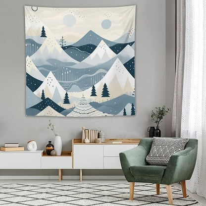 Wall Tapestry Snow Mountain Scandinavian Winter Tapestry Winter Holiday Tapestry Vintage Aesthetic Tapestries Wall Decor for Bedroom Living Room Dorm 60"x60" Tapestries Winter Snowflake Decorative