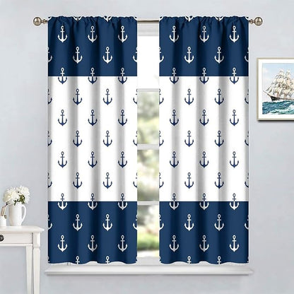 Anchor Pattern Curtains, Nautical Theme Navy Blue White Anchor Sea Life Adventure Print Blackout Window Treatments for Living Room Boys Men's Bedroom 72x63in