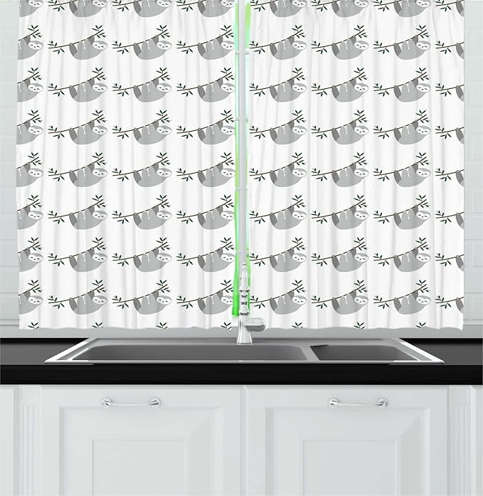Lunarable Sloth Long Kitchen Curtains, Repetitive Pattern of Lazy Animals Hang on Branches, 2 Panel Set Drapes with Rod Pocket Room Decor, 55" x 45", Blue Grey Jade Green