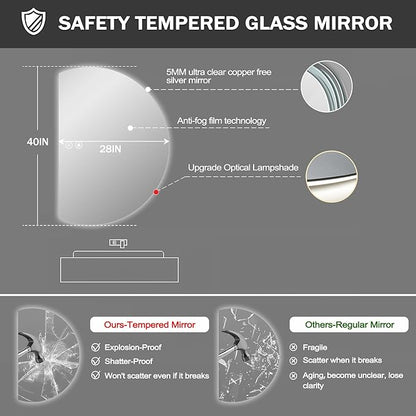 40"×28" LED Bathroom Mirror with Lights, Asymmetrical Smart Vanity Mirrors Wall-Mounted with Backlit, Anti-Fog Half Moon Mirror, Stepless Dimmable-3 Colors-Tempered Glass