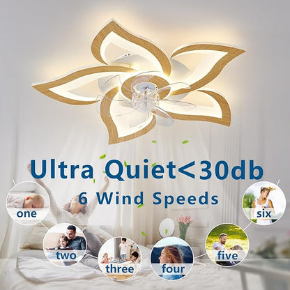 24" Wooden Geometric Ceiling Fan with Lights Remote Control, 3 Light Color 6 Speeds Low Profile Flush Mount Ceiling Fan for Kitchen Bedroom Living Room