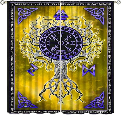 Viking Blackout Curtains Scandinavian Pirate Totem Mythology Golden Tree of Life Printed Curtain Bedroom and Living Room Decoration Blackout Curtains W63 * L63 Inch