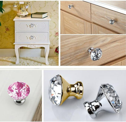 30mm Kitchen Cabinet Knobs Drawer Pull Handle Hardware, Crystal Clear Pink Glass Round Diamond Shape Dresser Closet Bi-fold Door Bathroom Cupboard Desk Nightstand Bookcase Furniture Drawer Knob, 8PCS