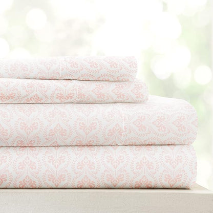 Linen Market Double-Brushed Patterned Microfiber California King Sheet Set 4 Piece – Oeko-TEX Certified Ultra Soft & Wrinkle-Free - 16" Deep Pocket Sheets Easy Care Cal-King Size - Classic in Pink