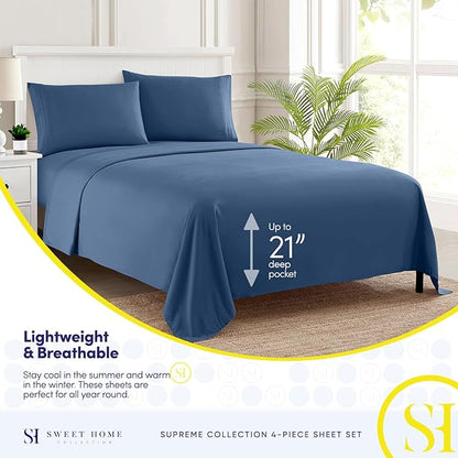 California King Sheet Sets - Breathable Luxury Sheets with Full Elastic & Secure Corner Straps Built In - 1800 Supreme Collection Deep Pocket Bedding, Sheet Set, EXTRA DEEP pocket - Cal King, Denim