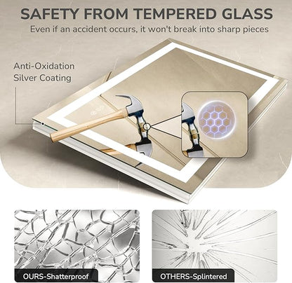 USHOWER LED Bathroom Mirror 24x36 Inch with Lights - Frameless Tempered Glass LED Backlit Lighted Mirror for Bathroom Vanity with Anti-Fog, 3 Colors Dimmable, Memory Function, Wall-Mounted