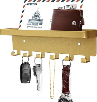 GTK Key Holder for Wall, Key Hooks with Tray and 6 Hooks, Wall Mounted Key Holder for Hallway, Key Rack with Shelf for Mail Storage (Gold)