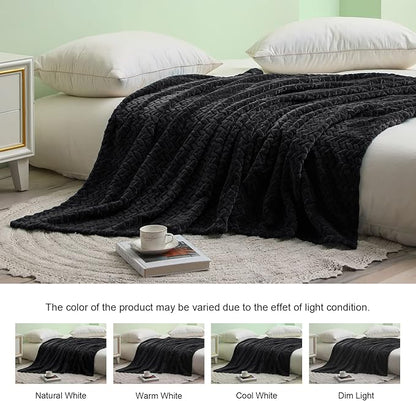 Exclusivo Mezcla Fleece Twin Size Blanket for Bed, 90x66 Inches Soft Cozy Jacquard Flannel Blankets, Lightweight Fuzzy Plush Warm for Winter, Black