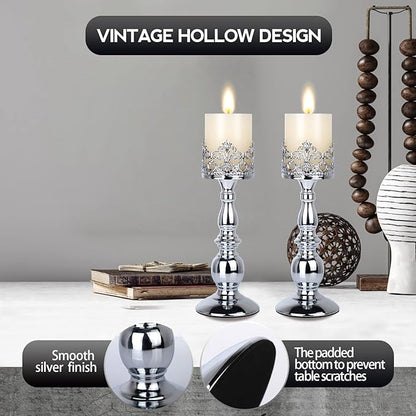 Candle Holders for Pillar Candles Gothic Matte Black Vintage Tall Candle Holders Set of 2 Decorative Large Table Centerpieces Candle Stand Decor (Silver 2PCS A)