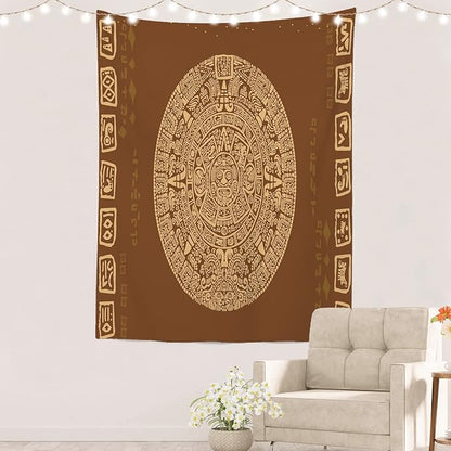Batmerry Brown Ancient Mayan Tapestry, Calendar Wall Art Hanging Decoration Polyester Fiber White Ruffled Around for Dorm Room Bedroom Living Room, 59.1x51.2 inches