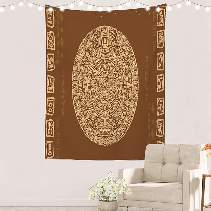 Batmerry Brown Ancient Mayan Tapestry, Calendar Wall Art Hanging Decoration Polyester Fiber White Ruffled Around for Dorm Room Bedroom Living Room, 59.1x39.4 inches