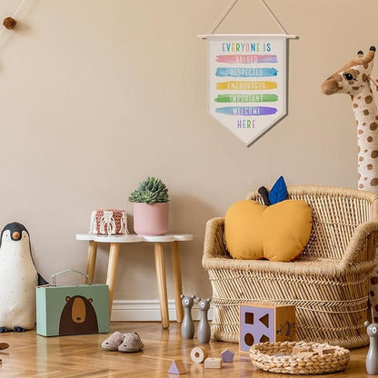 Everyone Is Welcome Here Sign Boho Classroom Decor Rainbow Decorations Canvas Hanging Pennant Flag Banner Wall Sign Decor for Playroom Bedroom