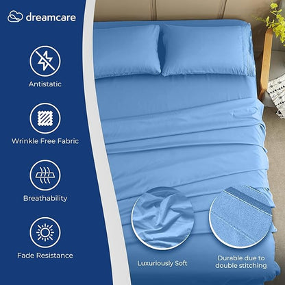 DREAMCARE Full Size Sheets – 4 pc – up to 21” Deep Full Sheet Set – Hotel Luxury Sheets & Pillowcases – Superior Softness 100% Fine Microfiber with Side Pocket – Light Blue