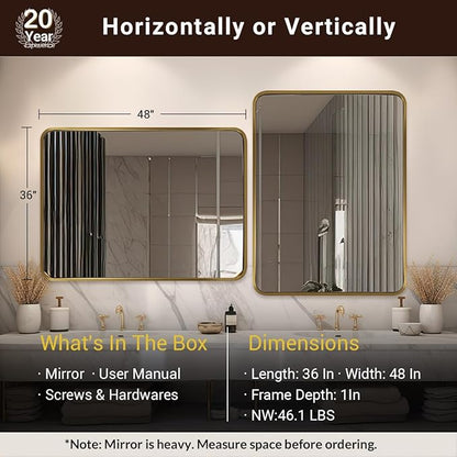 ANDY STAR 48x36 Inch Gold Bathroom Mirror, Brushed Gold Mirrors for Wall in Anti-Rust SUS304 Tube Metal Frame, Rounded Rectangle Mirrors 1’’ Deep Wall Mounted Vertically/Horizontal for Bathroom