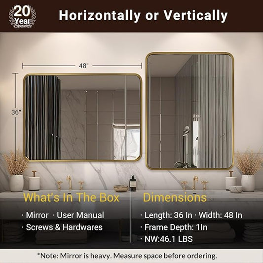 ANDY STAR 48x36 Inch Gold Bathroom Mirror, Brushed Gold Mirrors for Wall in Anti-Rust SUS304 Tube Metal Frame, Rounded Rectangle Mirrors 1’’ Deep Wall Mounted Vertically/Horizontal for Bathroom