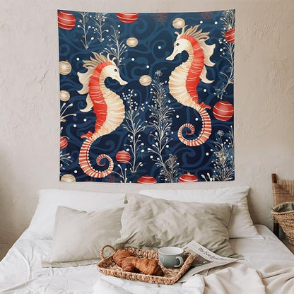 MaSiledy Seahorse Christmas Kiss Beach Tapestries Ocean Theme Tapestry Vintage Aesthetic Tapestries Landscape Tapestry for Bedroom Colorful Wall Hanging Aesthetic Wall Art For Room Decor 60"x60"