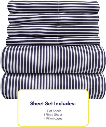 Full Size Bed Sheets - 6 Piece 1500 Supreme Collection Fine Brushed Microfiber Deep Pocket Full Sheet Set Bedding - 2 Extra Pillow Cases, Great Value, Full, Classic Stripe Navy