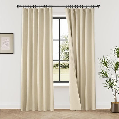 KangBang Natural Beige 72 Inch Wide Blackout Linen Curtains, Sliding Door Curtains Light Blocking Room Darkening Rustic Classy Drapes for Living Room(Back Tab/Rod Pocket/Hook Belt, 2 Panels, 72Wx84L)