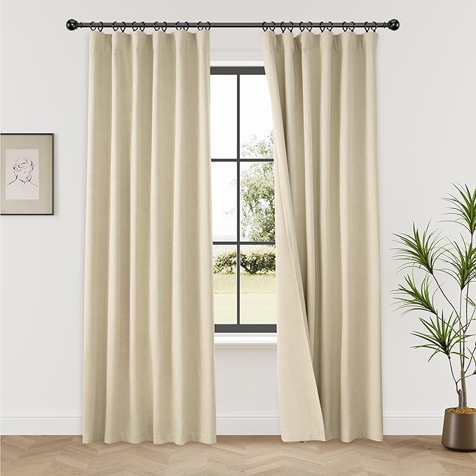 KangBang Linen Blackout Curtains 84 Inches Long, Back Tab Rod Pocket Boho Beige Curtains Room Darkening Soundproof Elegant Thick Linen Drapes for Living Room Baby Nursery(2 Panels, 52Wx84L)