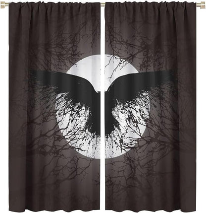 Cool Raven Print Curtains for Bedroom - Vintage Nordic Viking Theme Dead Tree Crow Full Moon Window Treatment,Energy Saving Thermal Insulated Rod Pocket Bedroom Blackout Curtains 2 Panels 72L x 31.5W