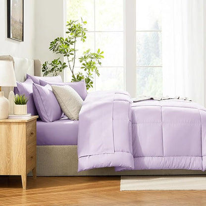 CozyLux Queen Comforter Set Lavender, 7 Pieces Bed in a Bag, Light Purple Comforter Queen Size, All Season Bedding Sets with Stitch Quilted Comforter, Flat Sheet, Fitted Sheet, Pillowcases