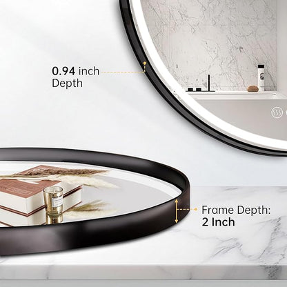 24 Inch Round Bathroom Mirror with Lights, Black Metal Framed Frontlit Circle Mirrors for Wall, Led Light Mirror with Anti-Fog, Memory Function, 3 Color Temperature, Dimmable Makeup Mirror