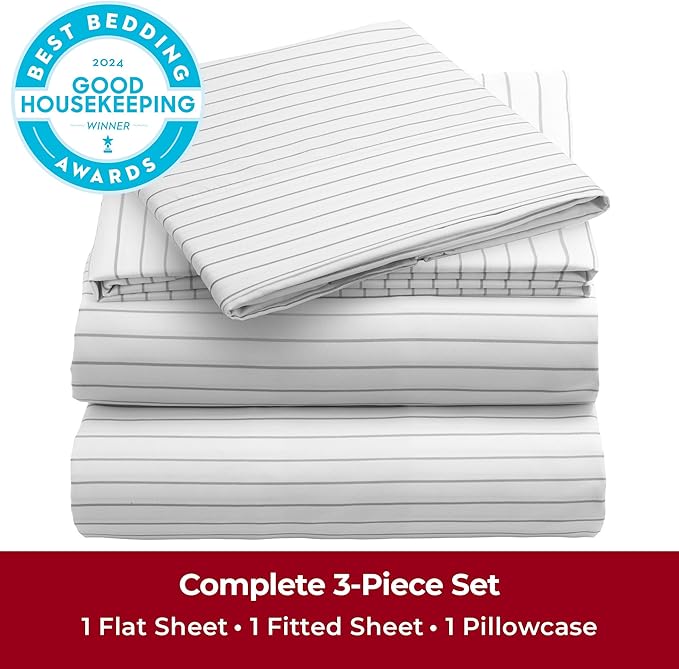 Mellanni Twin XL Sheets Set - 3 PC Iconic Collection Bedding - Hotel Luxury, Extra Soft, Cooling Bed Sheets - Wrinkle, Fade, Stain Resistant (Twin Extra Long, Pin Stripe Gray)