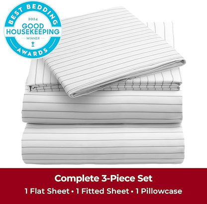 Mellanni Twin XL Sheets Set - 3 PC Iconic Collection Bedding - Hotel Luxury, Extra Soft, Cooling Bed Sheets - Wrinkle, Fade, Stain Resistant (Twin Extra Long, Pin Stripe Gray)