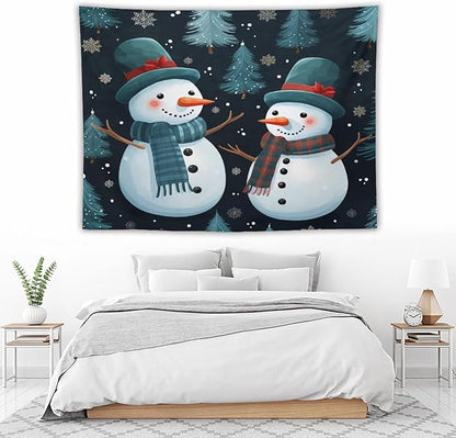 MaSiledy Tapestry Snowman Couple Tapestry Aesthetic Winter Snowflake Cute Cartoon Funny Snowman Wall Tapestries Wall Art Home Decoration for Bedroom Living Room Dorm Landscape 60"x80"